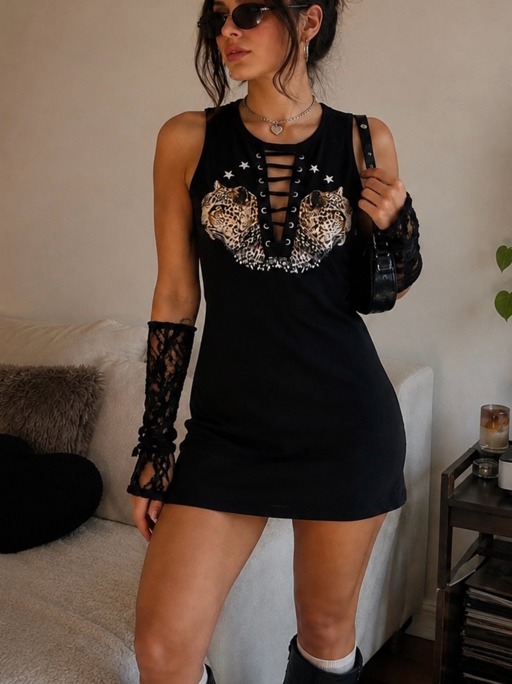 G by GUESS Black Leopard Lace Up Mini Dress Y2K McBling Festival Edgy Medium